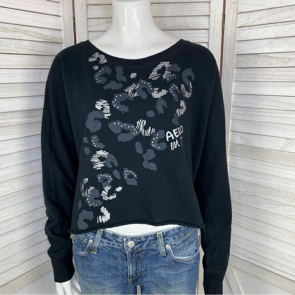 Aeropostale Cropped Cut Off Wide Fit Sweatshirt Black Large Rhinestone Cheetah